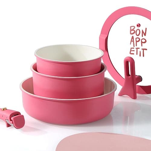 CAROTE 18Pcs Ceramic Cookware Set with Detachable Handle, Pots and Pans Set Non Stick, Non Toxic Kitchen Cooking Sets with Stand-Up Lid, PFAS and PFOA Free, Oven Safe, Induction Ready, Pink thumbnail 5