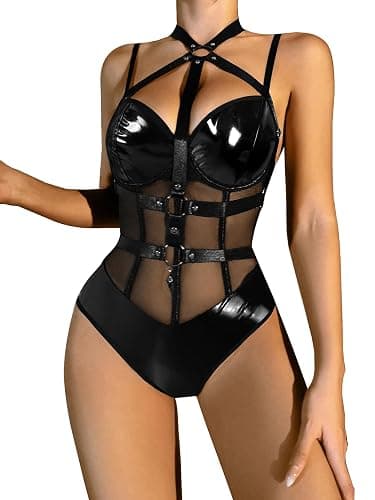 Lilosy Sexy Crisscross Choker Leather Pu Underwire Babydoll Women Harness Teddy Bodysuit Nightshirt One Piece - Image 1