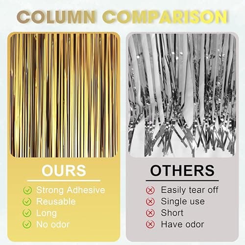 Voircoloria 3 Pack 3.3 x 8.2 ft Matte Gold Foil Fringe Backdrop Curtains, Tinsel Streamers Party Decorations, Fringe Backdrop, Door Shimmer for Graduation, New Years Eve, Birthday Party thumbnail 5