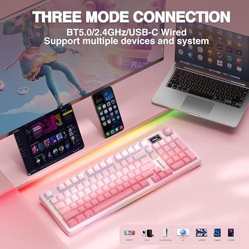 AULA S98 Pro Wireless Mechanical Keyboard with Screen & Knob,2.4GHz/USB-C/BT5.0 Hot Swappable Pink Creamy Keyboard,Pre-lubed Linear Switches,Side Printed PBT Keycaps,RGB Backlit Gaming Keyboards thumbnail 4