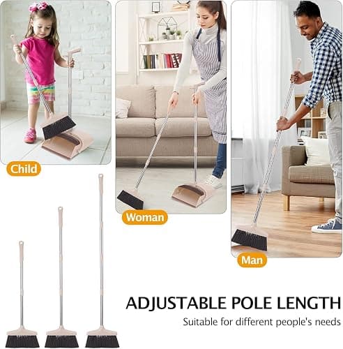 XXFLOWER Broom and Dustpan Set with Long Handle, Light Weight Stainless Steel Poles Stand Upright Dustpans with Broom Combo for Home Kitchen Office Pet Dog Hair, Brown & Beige Color, 1-Pack thumbnail 4