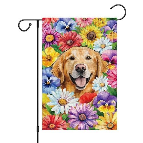 Louise Maelys Welcome Spring Golden Retriever Dog Garden Flag 12x18 Double Sided, Burlap Small Daisy Pansy Flower Yard House Outside Outdoor Summer Porch Lawn Decoration - Image 1