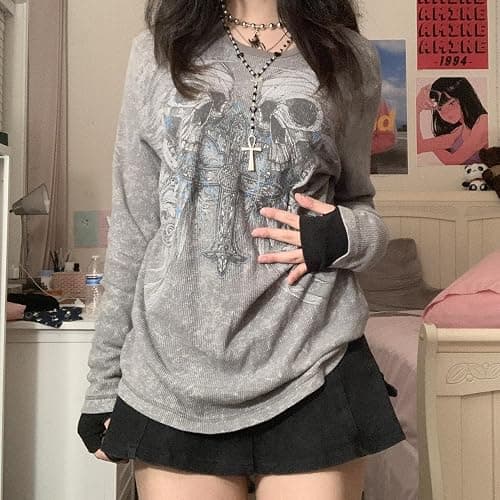 Women Vintage Fairy Grunge Y2K Long Sleeve Shirt Skull Graphic Printed Gothic Tee Tops Aesthetic Harajuku Tops thumbnail 2