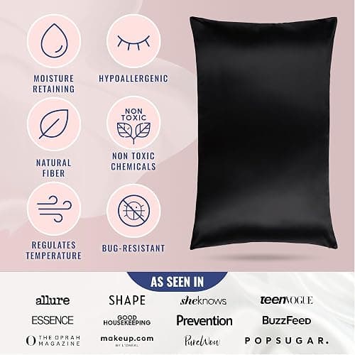 Blissy Silk Pillowcase - 100% Pure Mulberry Silk - 22 Momme 6A High-Grade Fibers - Silk Pillow Cover for Hair & Skin - Regular, Queen & King (Black, Standard) thumbnail 5