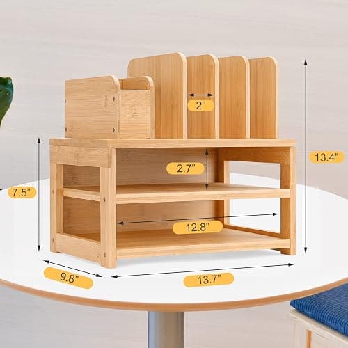 Homde Bamboo Desk Organizer with File Holder, Office Organization for Desks with Adjustable Pen Holding, Desktop Letter Paper Tray Storage for Workplace Home School (3-Tier,Natural) thumbnail 2