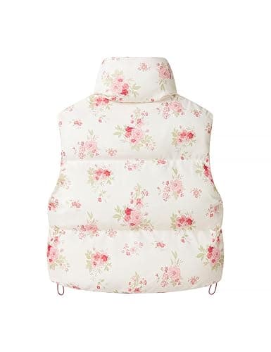 InterNos Womens Cropped Floral Print Puffer Vest Lightweight Stand Collar Zip up Sleeveless Winter Padded Coats thumbnail 7