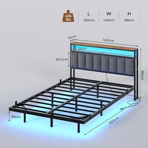 AOGLLATI Cadre de Lit 140x190 avec Multiprise et Éclairage LED, Lit 2 Personnes Flottant avec Tête de Lit Rangement, Sommier en Métal, Structure Stable, Lin Gris Foncé(sans Matelas) thumbnail 2