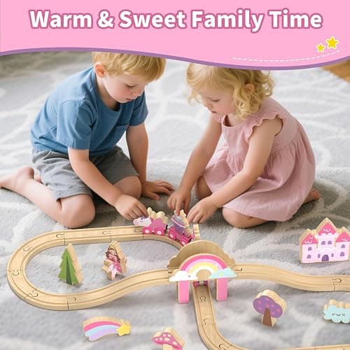 Lehoo Castle Wooden Train Set, Unicorn Train Set for Toddlers 2-4, Wooden Train Track Toddler Girl Toys Pink Train Toys for 3 4 5 6 Year Old Girl thumbnail 6