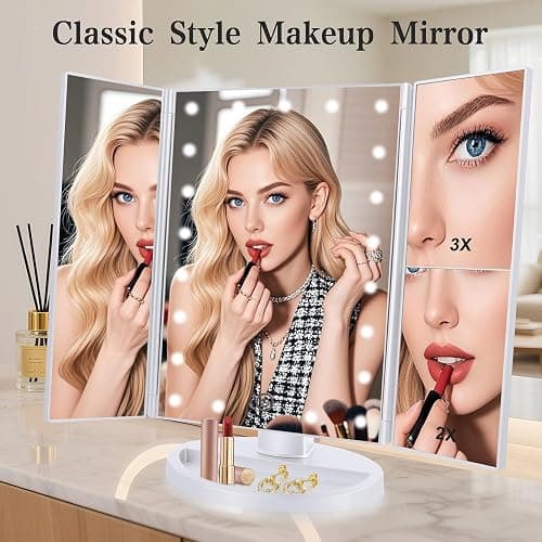 deweisn Floor Mount Tri-Fold Lighted Vanity Mirror with 21 LED Lights, Touch Screen and 3X/2X/1X Magnification, Two Power Supply Modes Make Up Mirror,Travel Mirror thumbnail 3