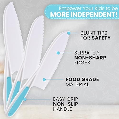 Zulay 3-Piece Kids Knife Set for Real Cooking & Baking - Toddler Knives for Cutting Fruits, Veggies, & Cake - Children’s Montessori Knife with Serrated Edges - Safe & Fun Lettuce Knife (Blue) thumbnail 4