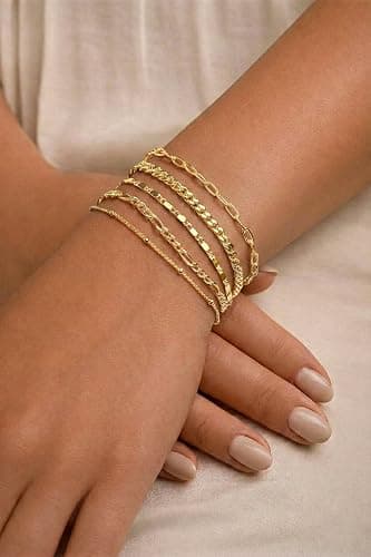 Gokeey Gold Bracelets Set for Women Non Tarnish Trendy,14K Gold Plated Dainty Stackable Paperclip Cuban Link Chain Bracelets, Simple Cute Cuff Bracelets Jewelry Set Adjustable 7"+2" thumbnail 6