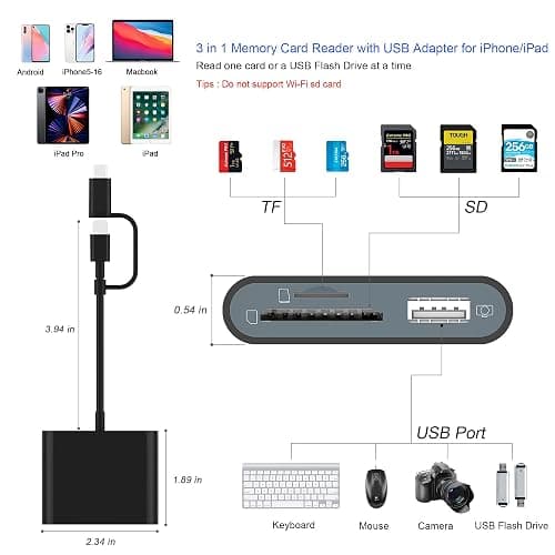 SD Card Reader for iPhone, Memory Card Reader with USB-C to Lightning Adapter Plug and Play Trail Game Camera Micro SD Card Viewer Support SD/TF Card and USB for iPad No App Required (Black) thumbnail 2