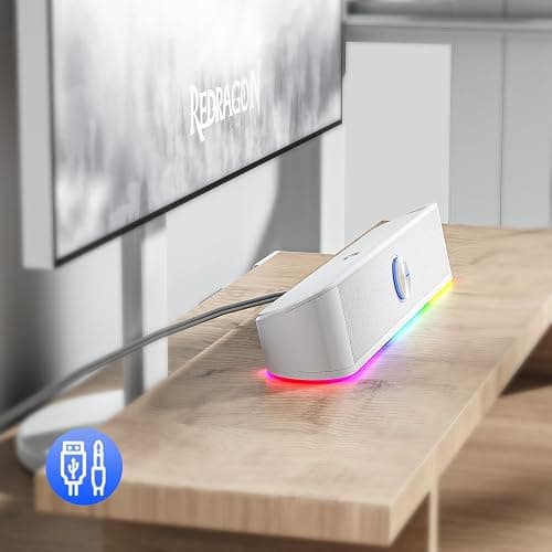 Redragon GS560 RGB Desktop Soundbar, 2.0 Channel Computer Speaker with Dynamic Lighting Bar Audio-Light Sync/Display, Touch-Control Backlit with Volume Knob, USB Powered w/ 3.5mm Cable, White thumbnail 8