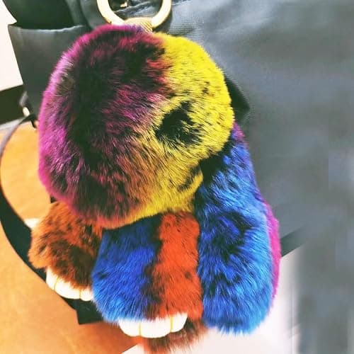 jtkdxqs Soft Cute Bunny Keychain Artificial Rainbow Rabbit Fur Plush Fluffy Pom pom Key Ring for Women thumbnail 2