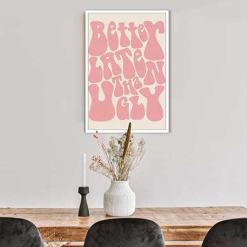 JCFOAS Lustiges Vintage-Poster, Motiv: "Better Late Than Ugly", rosa Poster, Mädchen, Badezimmer, Leinwand, Wandkunst, lustiger Retro-Wandkunst, lustiger Badezimmer-Druck, Vintage-Poster, Dekoration, thumbnail 2