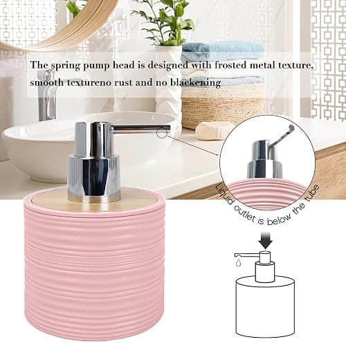 CERBIOR Bathroom Accessories Set 6 Piece Bamboo Bath Ensemble Includes Soap Dispenser, Toothbrush Holder, Toothbrush Cup, Soap Dish for Decorative Countertop and Housewarming Gift, Sriral Pink thumbnail 4