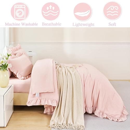ANGIYUIN Blush Pink Comforter Sets Twin Size 5 Pieces Ruffle Bed in A Bag Farmhouse Bedding Sets Solid Color Soft Fluffy Bed Sets for Kids Girls（Blush Pink Twin） thumbnail 5