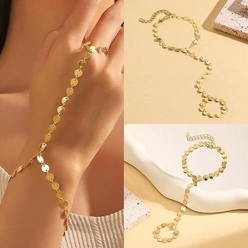 YixNahz 6 Pieces Gold Finger Ring Bracelet for Women Trendy 14k Gold Plated Womens Adjustable Cute Rings Hand Chain Link Bracelets Set for Women Jewelry Gifts Daily Accessories on Summer Beach thumbnail 5