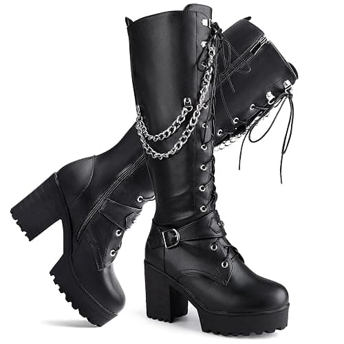 SeiteHuud Ladies' Boots Women Fashion Platform Block Heels Knee High Boots Lace up - Image 1