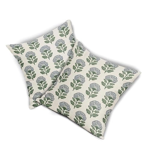 Aytipun Blue Green Floral Block Print Pillow Covers 18x18 Set of 2 Flower Pattern Cream Spring Summer Decorative Throw Pillowcases Outdoor Rustic Farmhouse Cushion Cases Decor for Home Couch Sofa Bed thumbnail 8