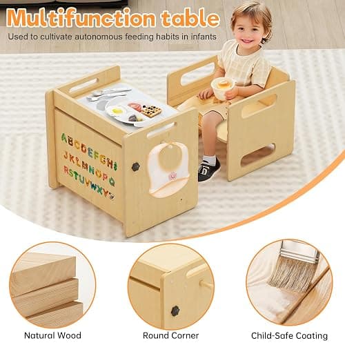 Acenova Montessori Weaning Table and Chair Set, Wooden Weaning Toddler Kids Table with Hook for Toddlers, Montessori Furniture for Reading, Snacks, Play, Learning & Activity Time Kids Toddler Desk thumbnail 5