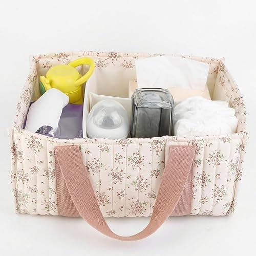 Floral Diaper Caddy Organizer with Handle Stylish Nursery Storage Basket with Removable Partition Babies Shower Gifts Basket for Boy and Girl (Daisy Pink) thumbnail 8