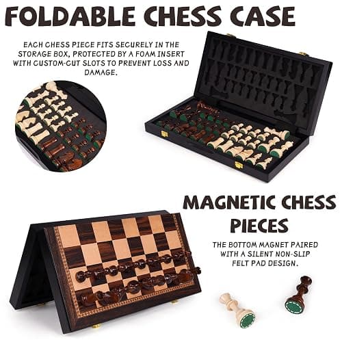15 Inch Magnetic Chess Set with Wooden Folding Board, Staunton Chess Pieces, 2 Extra Queens Included, Portable Travel Chess Set, Classic Strategy Board Game for Kids & Adults (Ebony) thumbnail 5