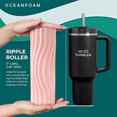 Oceanfoam Ripple Travel Foam Roller (11" x 3.35") Firm Mini Foam Roller for Physical Therapy, Deep Tissue Massage, Back Pain - High Density, Ergonomic Wave Textured - Yoga, Pilates, Exercise (Blush) thumbnail 6