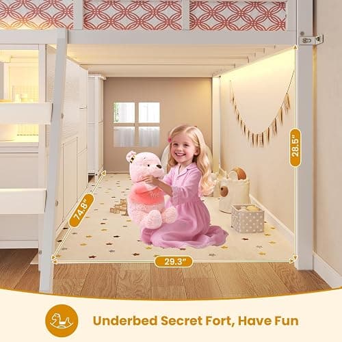 ADORNEVE Low Loft Bed Twin Size with 7 Storage Drawers, Bookcase and LED Lights, Metal Kids Loft Bed with 14" H Safety Guardrail,Inclined Ladder and Play Curtain, Under-Bed Play Space, White thumbnail 7