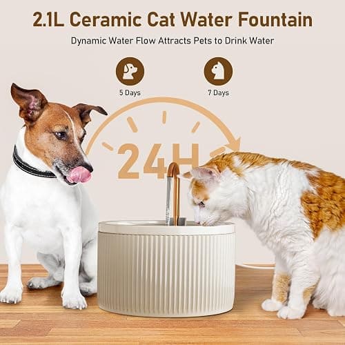 DOOOB Ceramic Cat Water Fountain, 2.1L/71oz Ceramic Cat Fountains, Automatic Pet Water Fountain for Cats, Pet Water Fountain with Ultra-Quiet Pump and 3 Filters & 3 Sponges (Beige) thumbnail 5