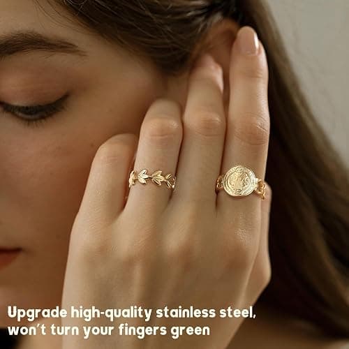 Besteel 18K Gold Plated Rings for Women, Stainless Steel Statement Rings Pack Stacking Boho Midi Rings Adjustable Open Ring Band Twisted Signet Rings Non Tarnish Gold Rings thumbnail 3