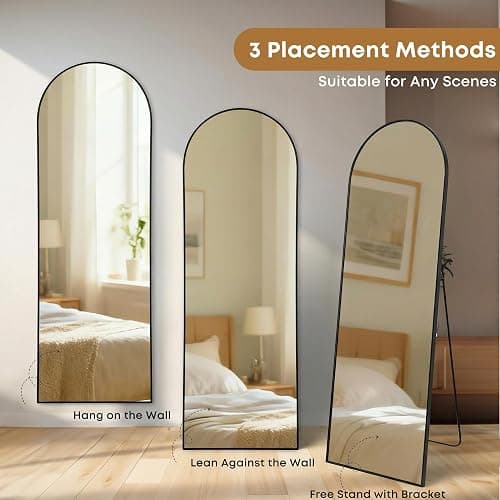 ZIHUASHENG 64"x21" Inch Full Length Mirror with Stand, Arched Aluminum Frame Wall Mirror & Freestanding Hanging Mounted Mirrors, Tempered Glass Full Body Mirrors for Bedroom, Living Room Decor,Black thumbnail 2
