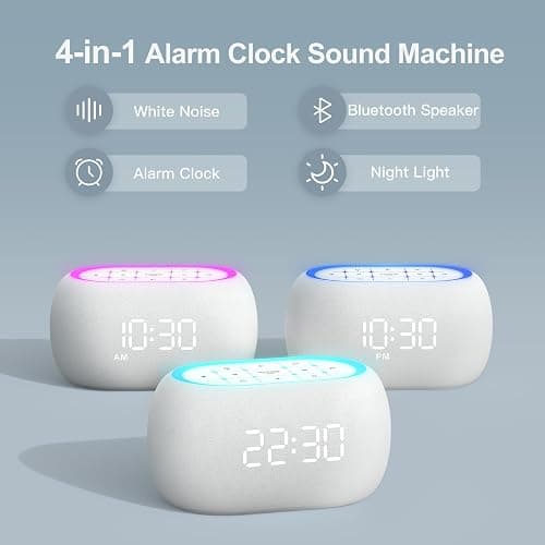 ANJANK White Noise Sound Machine Alarm Clock with Hi-Fi Bluetooth Speaker, 21 Soothing Sounds/7 Night Lights, 0-100% Dimmer/Sleep Timer/Volume Control, Soother for Adults Kids Sleeping, Bedroom, White thumbnail 2