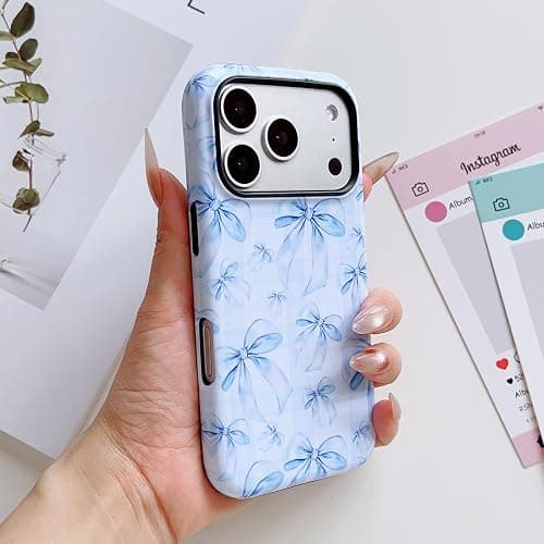 SZXYCZL Compatible with iPhone 17 Pro Max Case Phone Case, Aesthetic Kawaii Soft TPU Hard PC Protective Phone Cute Simple Checkered Bow Pattern for Women-Blue thumbnail 5