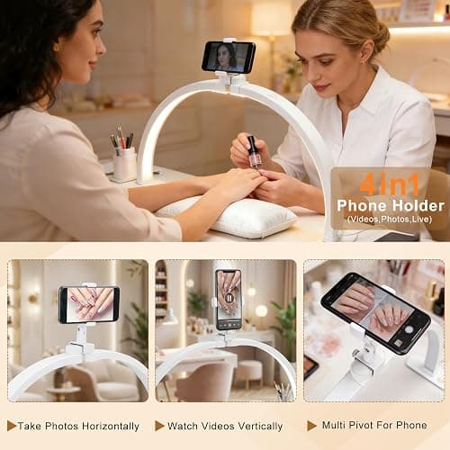 Half Moon Light for Nail Desk 29", Foldable LED Nail Desk Lamp With Rotatable Phone Holder Arch Light, Nail Tech Light Dimmable With 3 Color Mode &10 Brightness for Nail Tech,Eyelash,Tattoo& Salon Use thumbnail 6