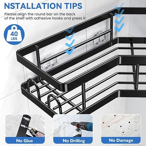 PKBD Corner Shower Caddy 3 Pack,Bathroom Storage No Drilling,shower storage with Soap Holder&Hooks&Toothpaste Holders,Bathroom or Kitchen,Rustproof Stainless Steel suction bathroom accessories,Black - Black - 3-Pack thumbnail 6