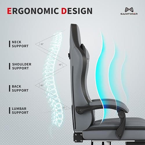 Gamtimer Gaming Chair with Footrest, Ergonomic Computer Chair, PU Breathable Material with Headrest and Lumbar Support, Suitable for Silla Gamer and Adults（Grey） thumbnail 7