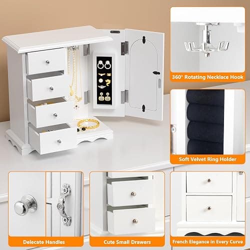 VINGLI Jewelry Box with Photo Frame, White Jewelry Organizer for Women, Arched Wooden Keepsake Case with 4 Drawers, Rotating Necklace Hooks & Velvet Lining, Vintage Gift for Girls Bedroom thumbnail 6
