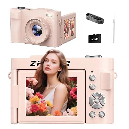 4K Digital Camera for Photography Autofocus, 50MP Vlogging Camera Kids with 2.8'' 180° Flip Screen 18X Zoom 32G Card Compact Point Shoot Cameras Anti Shake Flash Video Photo Batteries Girls Boys Pink - Image 1