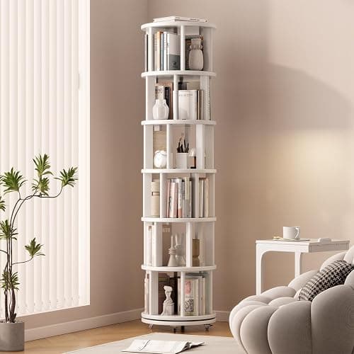 Muwuele Solid Wood Rotating Bookshelf on Wheels, 6 Tier, Round Revolving Bookcase, 360° Spinning Book Shelf Tower for Kids, Narrow Rolling Bookshelves for Small Space, Corner, Bedroom, Office, White - Image 1