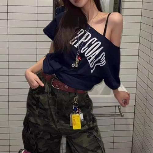 Buzoh Womens Y2K Off The Shoulder Graphic T Shirt Oversized Short Sleeve Tops Loose Casual Tee Streetwear Summer Top thumbnail 3