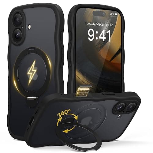 GolbinBox for iPhone 16 Case, [Compatible with Magsafe][360° Spin Magnetic Stand][Military-Grade Protection][Camera Control][Cute Wave Edge] Translucent Matte Women Phone Cover for iPhone 16, Black - Image 1