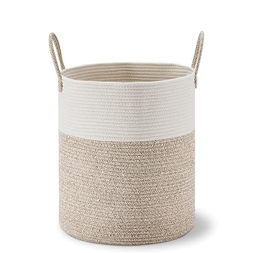 VIPOSCO Large Laundry Hamper, Tall Woven Rope Storage Basket for Blanket, Toys, Dirty Clothes in Living Room, Bathroom, Bedroom - 53L White & Brown thumbnail 8