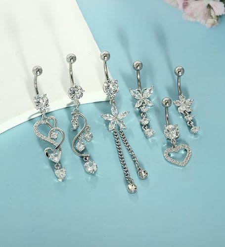 TIANCI FBYJS 14G Women Belly Button Rings Surgical Stainless Steel Dangle Belly Rings 10mm Belly Bar Body Piercing Navel Jewelry Butterfly Heart Flower Dangling Silver Gold Belly Piercings 11pcs thumbnail 4