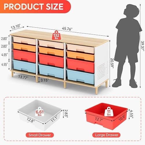 12 Drawers Storage Cabinet with Wooden Top and Plastic Bins, Toy Storage Organizer Toy Shelf Storage Chest Cubby Organizer for Home, Office, Playroom, Classroom & Craft Room Storage (Multicolored) thumbnail 3
