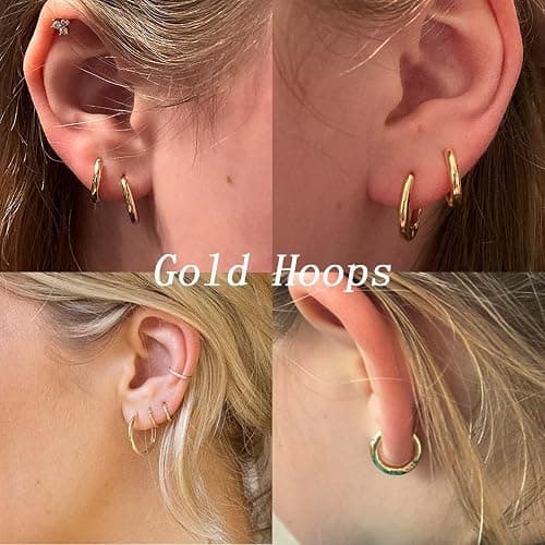 4 Pairs Small Gold Hoop Earrings Set for Women, 14k Gold Plated Cartilage Hoop Earring Hypoallergenic Small Hoop Earrings for 2nd 3rd Hole Huggie Hoop Earrings for Women Men Gifts (Gold-1.6mm) thumbnail 4