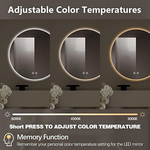Niccy Round Led Mirror for Bathroom, 32" Circle Frameless Backlit Mirror wiht Light, Anti-Fog, 3 Colors, Waterproof, Memory Function thumbnail 2