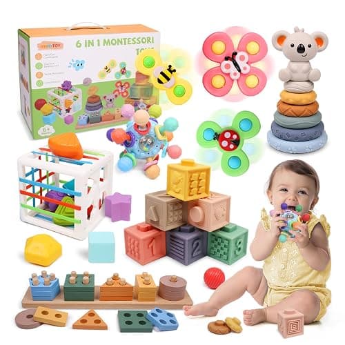 YHHYTOY 6-in-1 Montessori Baby Toys 0-6 6-12 Months, Infant Toys Baby Gifts | 4 5 6 Month Old Baby Toys, Soft Stacking Blocks Rings Shape Sorter Sensory Baby Suction Spinners, Baby Gifts for Girls Boys - Image 1