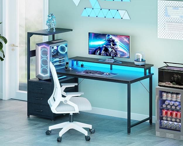 Casaottima 52 Inch Gaming Desk with USB Charging Ports & LED Light - Reversible Computer Desk with 3 Fabric Drawers, Monitor Stand, CPU Stand, Modern Office Desk, Black thumbnail 4