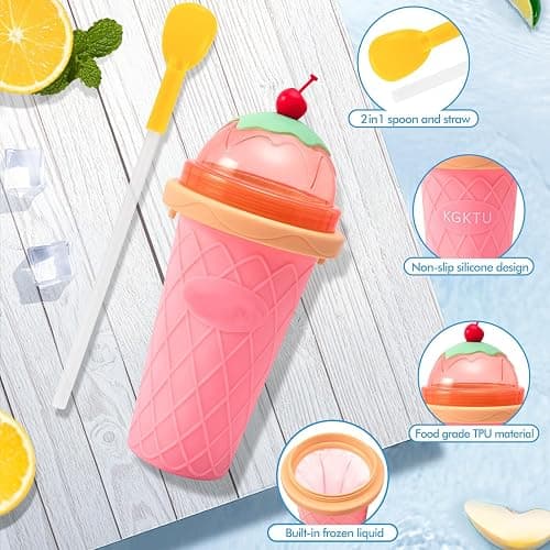 Slushy Cup Slushie Cup,Quick Frozen Magic Cup, Smoothie Cups with Lids and Straws, Double Layer Squeeze Slushy Maker Cup, Portable Squeeze Ice Cup Christmas Gifts for Family, Friends Kids (pink) thumbnail 4